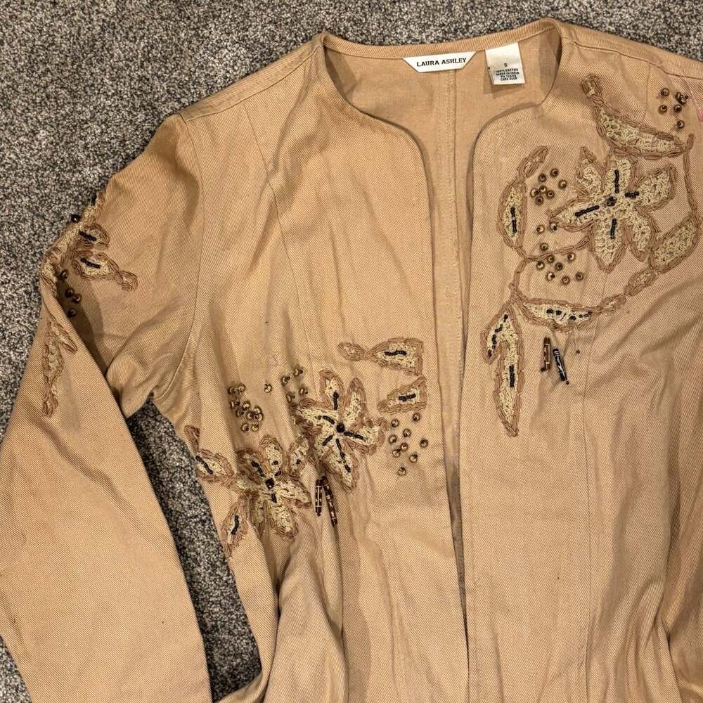Laura Ashley Embroidered Beaded Linen Jacket Tan Size S - Picture 12 of 13